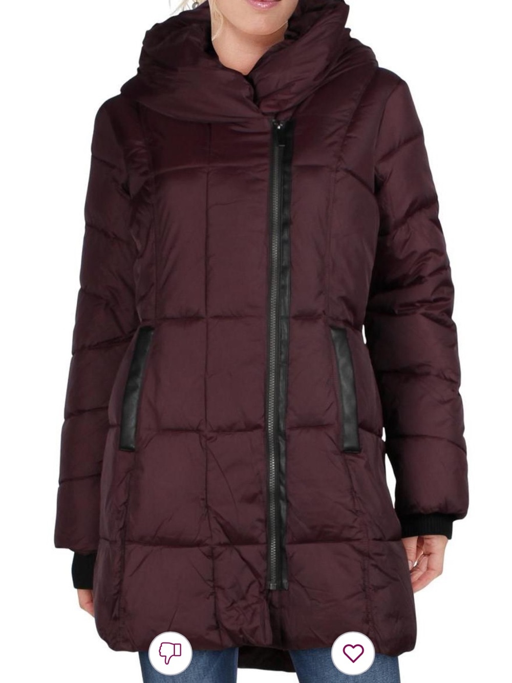 NWOT $220 French Connection Quilted Puffer Coat Faux Leather trim Pillow Collar